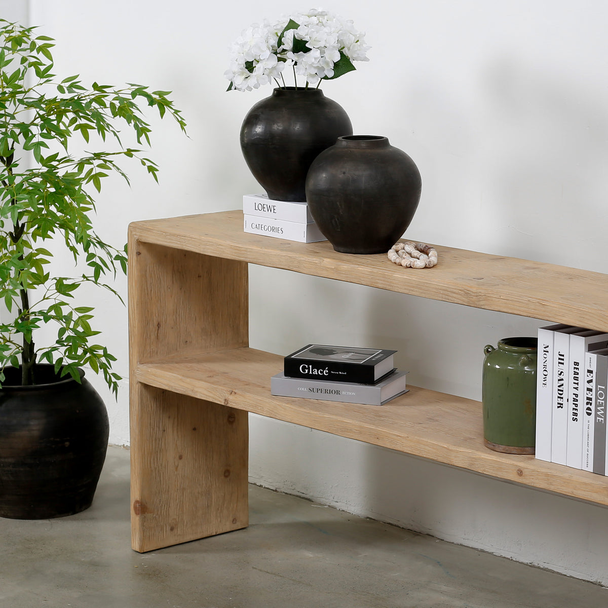 Waterfall console table with shelf weathered natural 88x14x35H