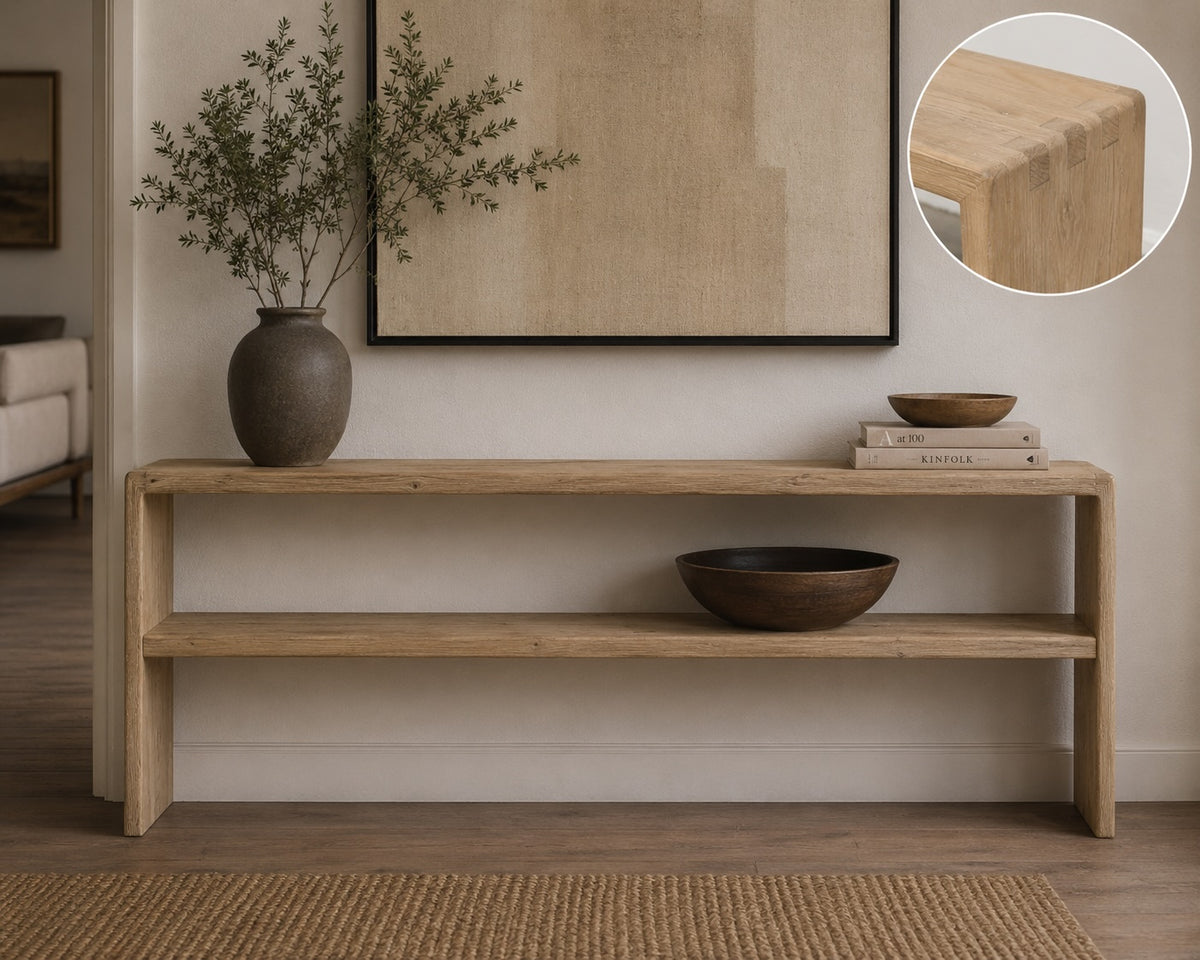 Waterfall console table with shelf weathered natural 88x14x35H