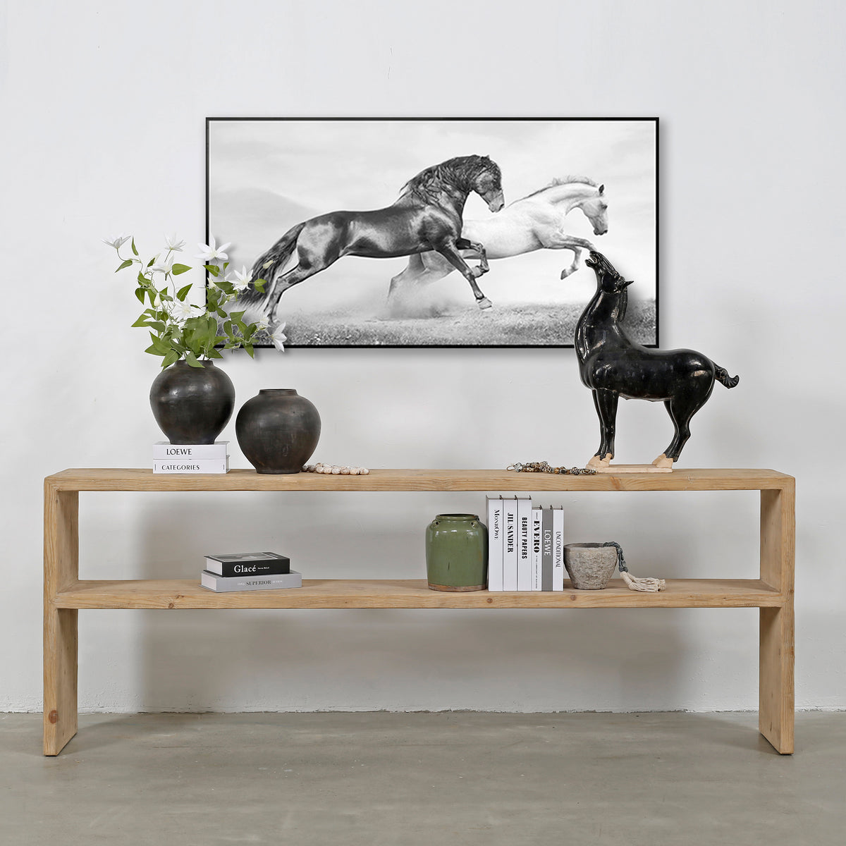 Waterfall console table with shelf weathered natural 88x14x35H