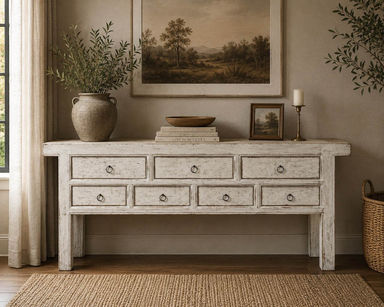Amalfi Two Tones 7 Drawers Sideboard Distressed White 98x20x35H