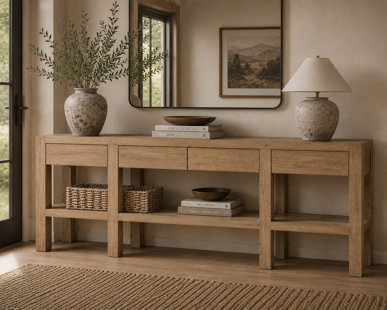 Capri console table with 4 hiding drawers weathered natural 81.5x20x32.5H