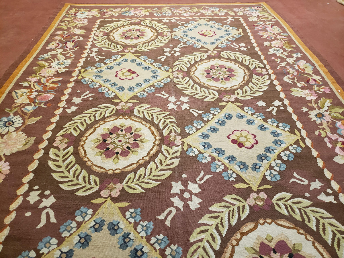 Aubusson Rug 6 x 9 Flat Weave Area Carpet European Design Flowers New Brown Rug Handmade Wool Hand-Knotted Aubusson Weave Medium Rug 6x9 - Jewel Rugs, view 4