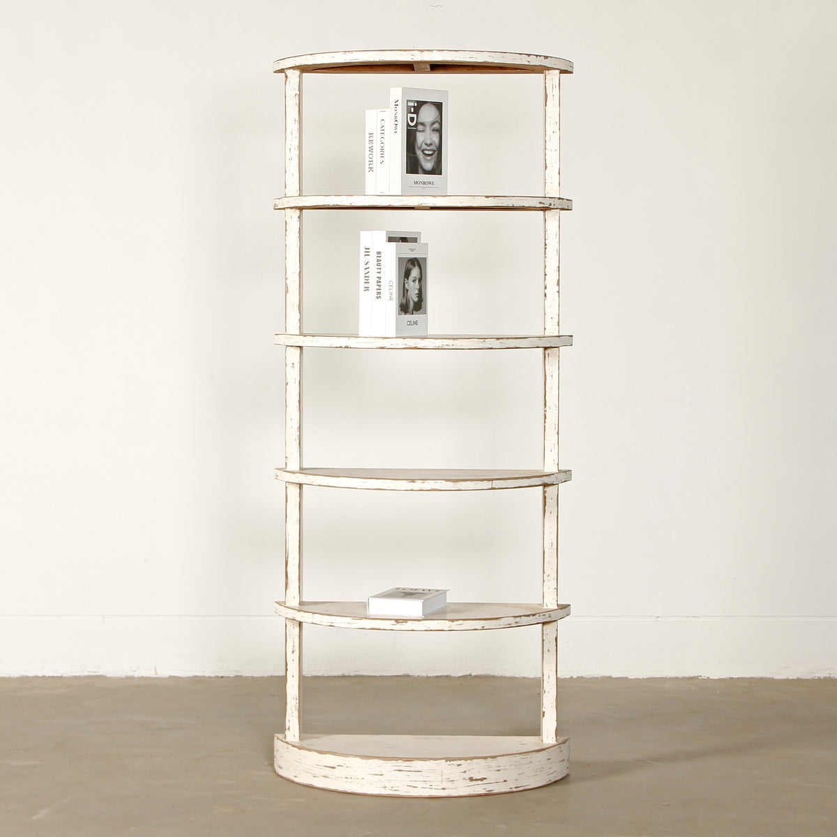 75"High Half Moon Bookshelf Distressed White