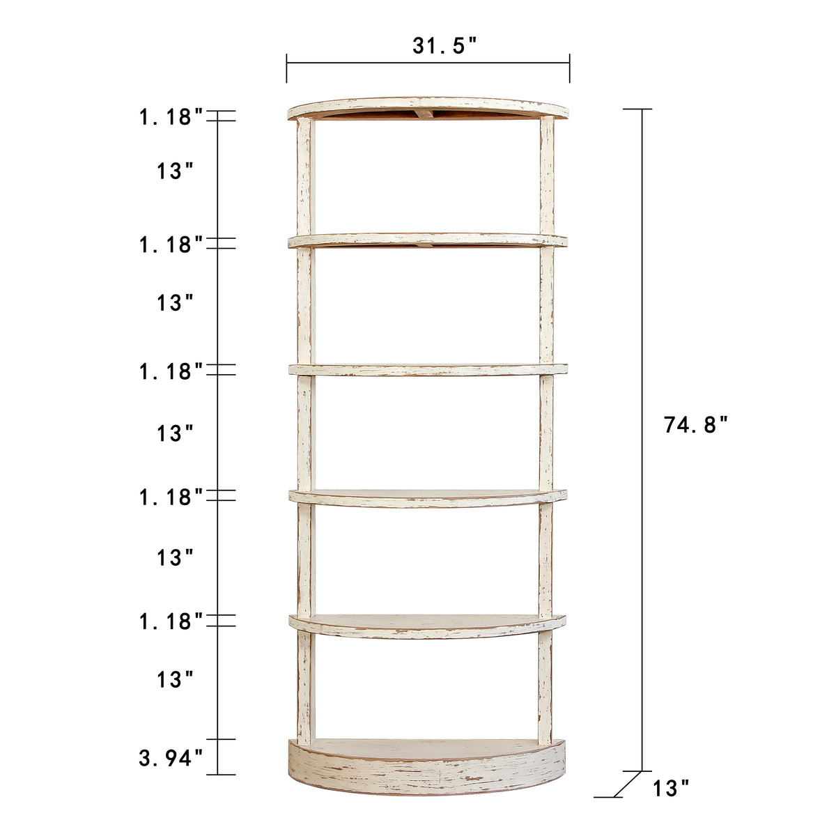 75"High Half Moon Bookshelf Distressed White