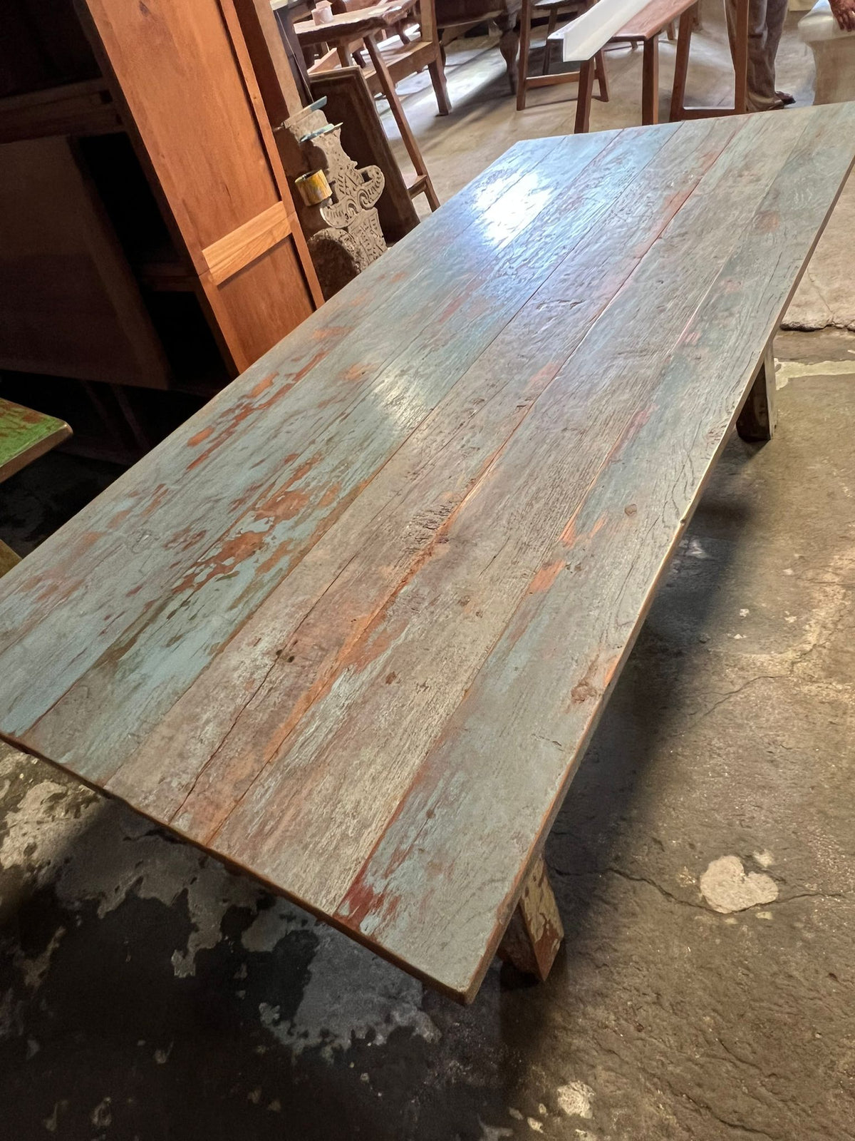 Approx. 118" Long Dining Table Reclaimed Teak Wood Vintage Blue