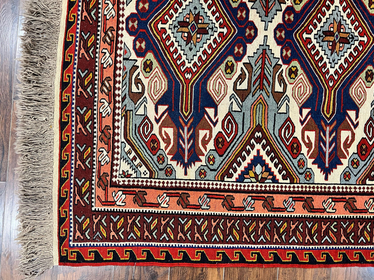 Russian Soumak Rug 6x8, Wool Handmade Antique Kilim Carpet, Multicolor 6 x 8 Geometric Medallions Caucasian Rug, Medium Size - Jewel Rugs, view 9