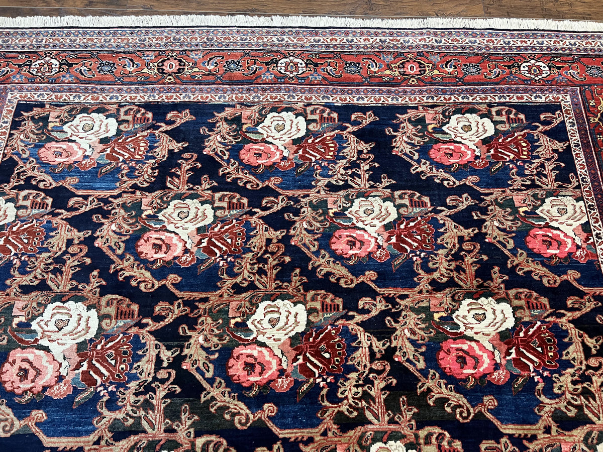 Persian Bidjar Rug 8x11, Floral Bouquets, Blue Black Red Pink, Handmade Hand Knotted Vintage Semi Antique Oriental Carpet - Jewel Rugs, view 3