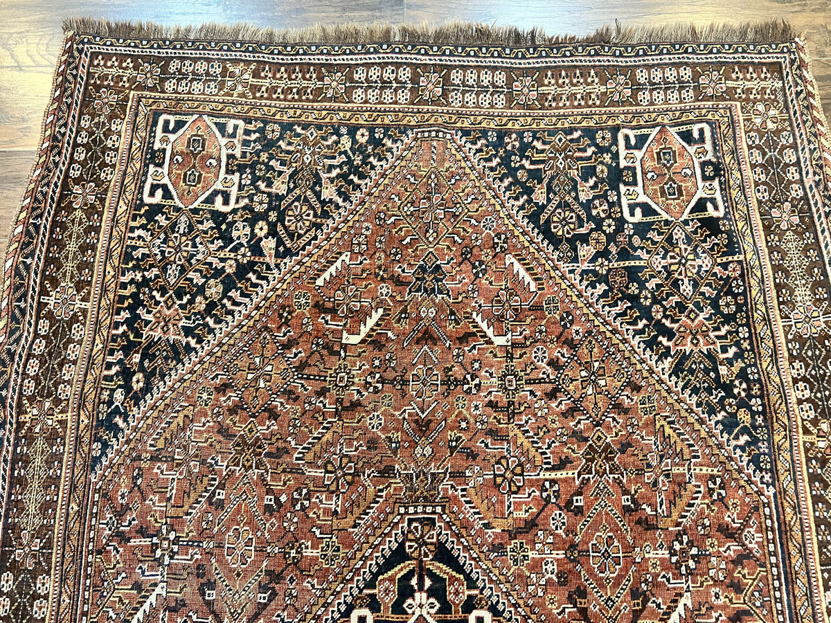 Antique Persian Shiraz Tribal Rug 6x8, Geometric Rug, Wool Handmade Hand Knotted Carpet, Red Blue - Jewel Rugs, view 3