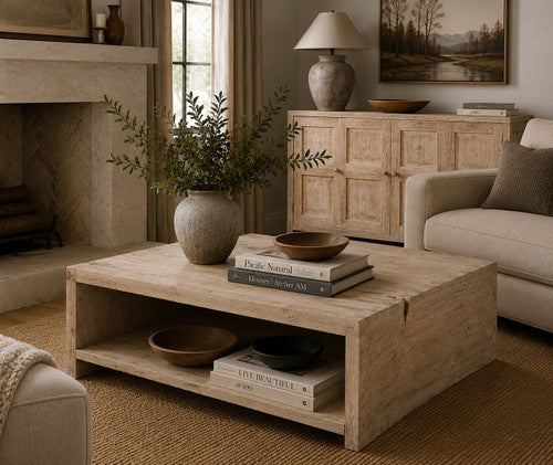 48 Inches Waterfall Square Coffee Table Reclaimed Pinewood Whitewash image 2