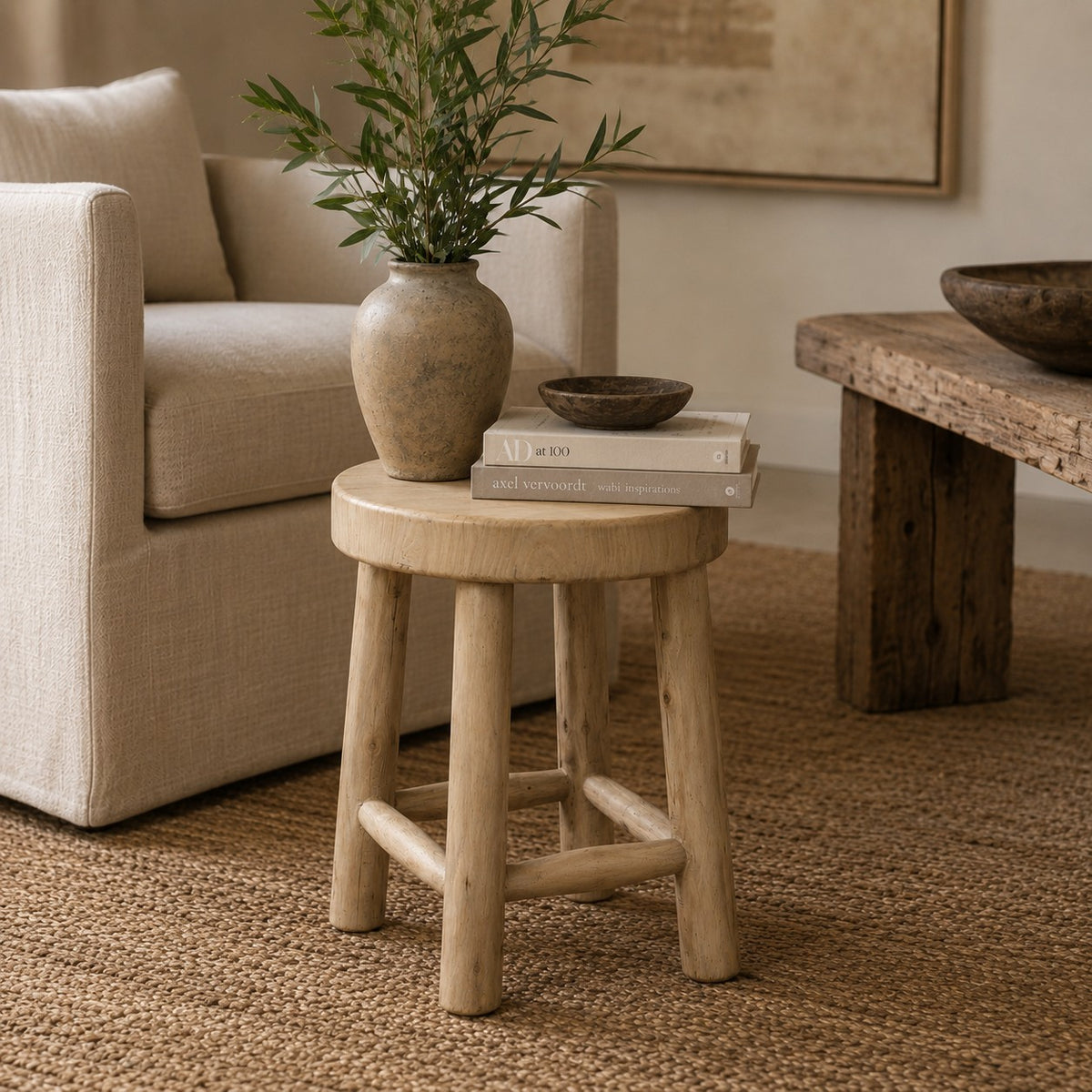14" Round Solid Stool Weathered Natural