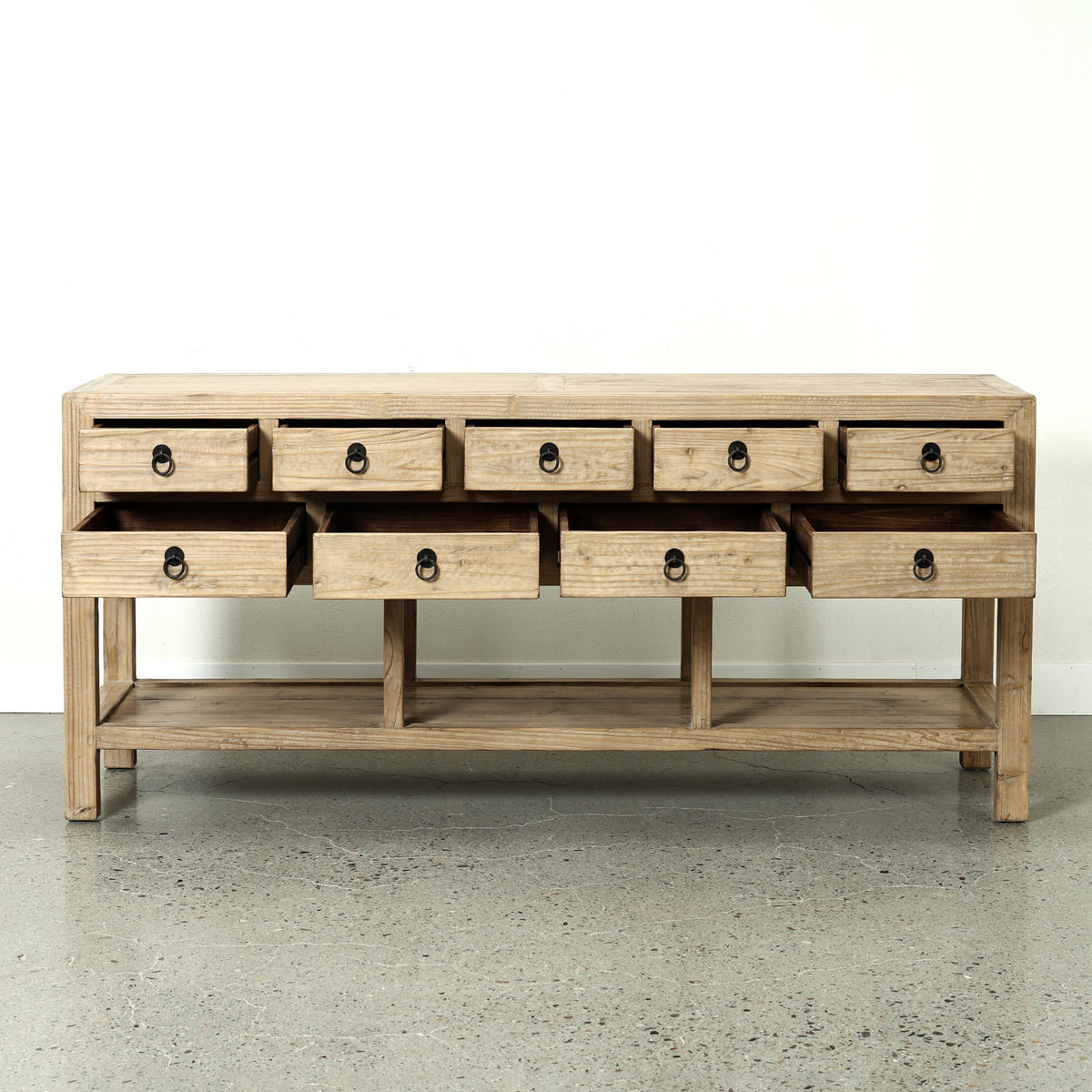 75" Long Console Table 9 Drawers Weathered Natural