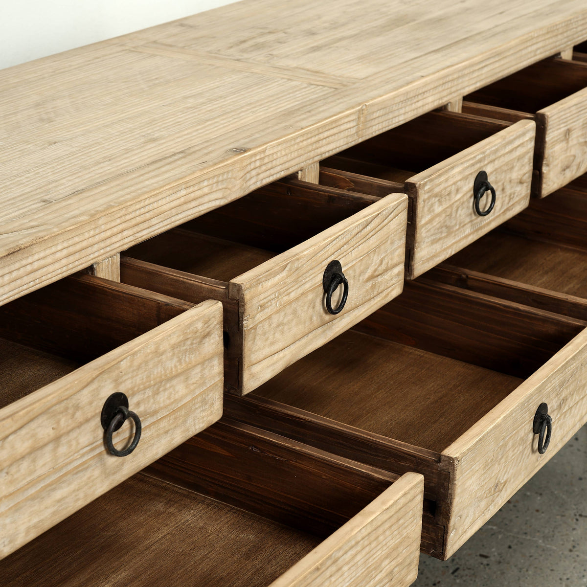75" Long Console Table 9 Drawers Weathered Natural