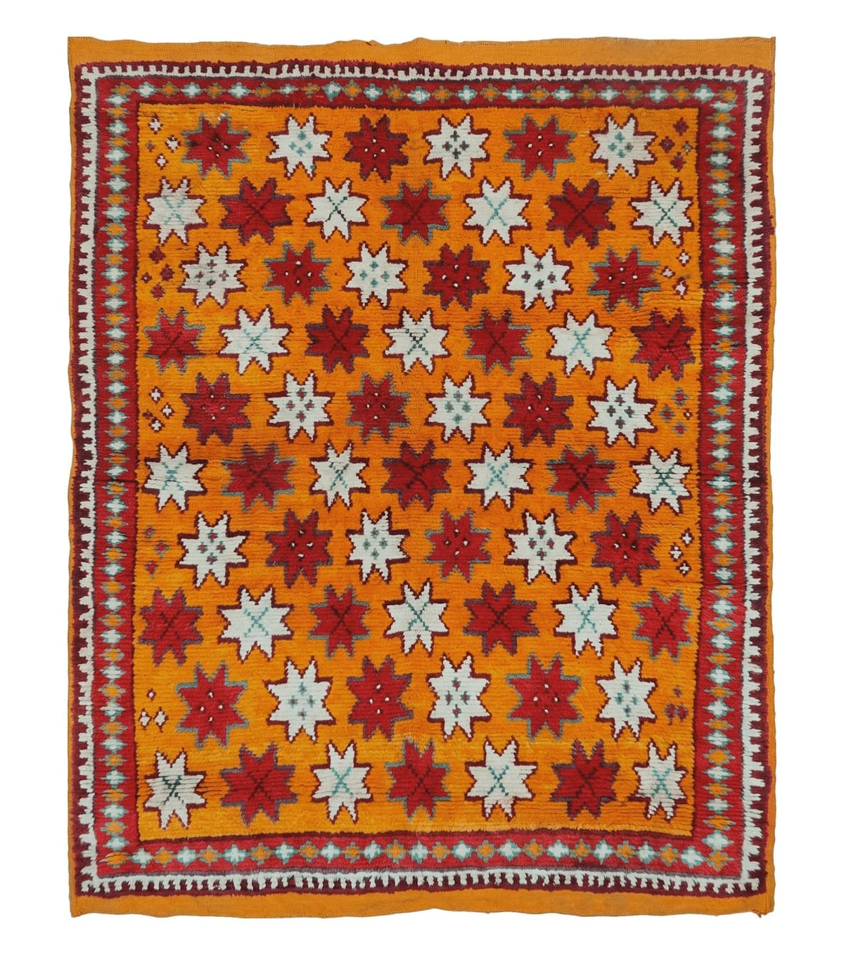 Vintage Moroccan Rug 4x5, Orange Ivory Red, Geometric Stars, Repeated Motif Allover, Hand Knotted Soft Wool Area Rug, Tribal Oriental Carpet - Jewel Rugs
