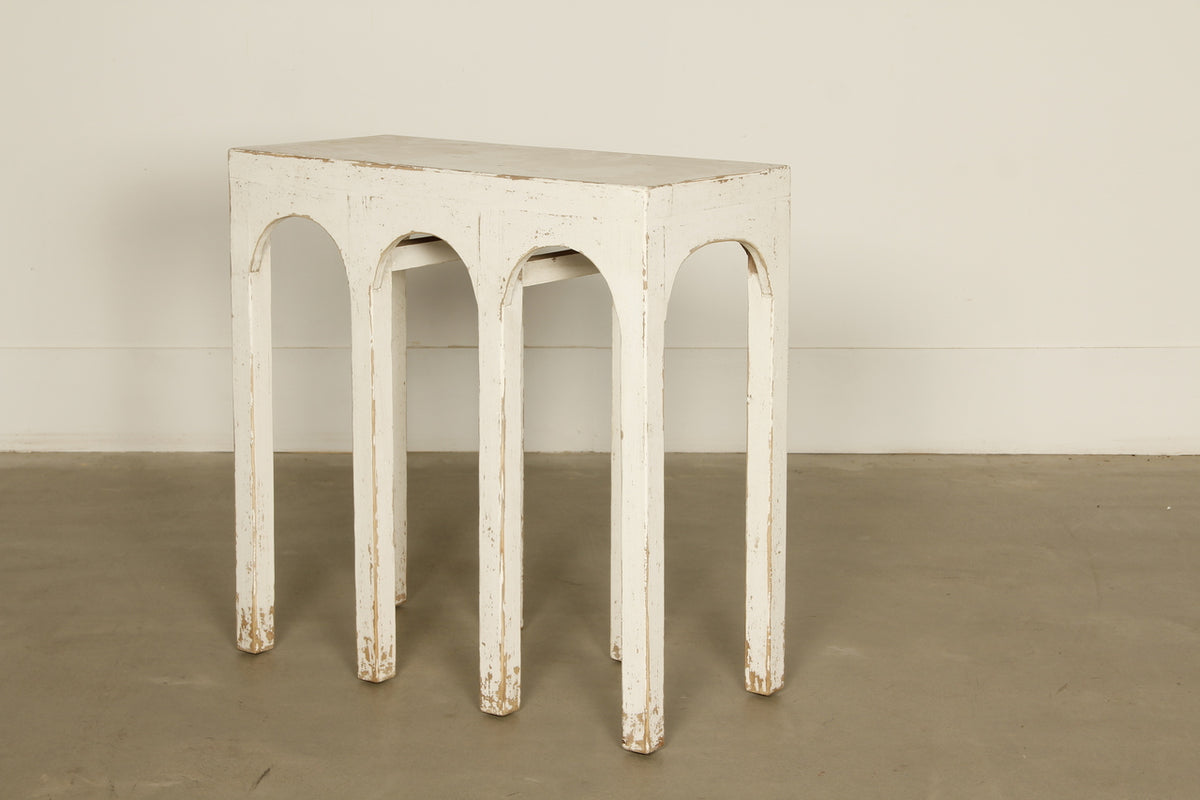 31" Long Ming Arch Console Table Distressed White Pre-order only