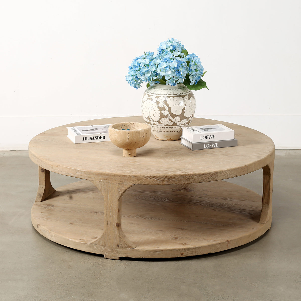 48 Inches Round Rimini Coffee Table with Storage Weathered Natural