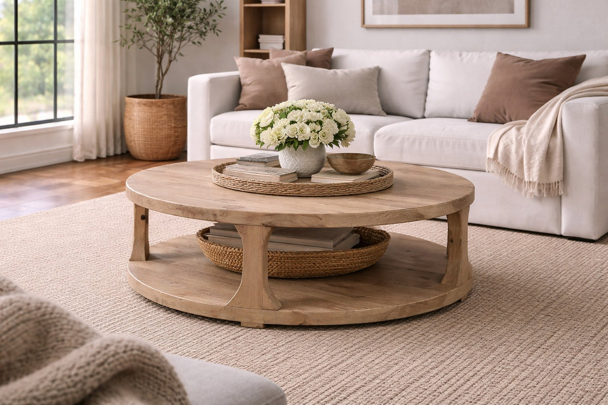 48 Inches Round Rimini Coffee Table with Storage Weathered Natural