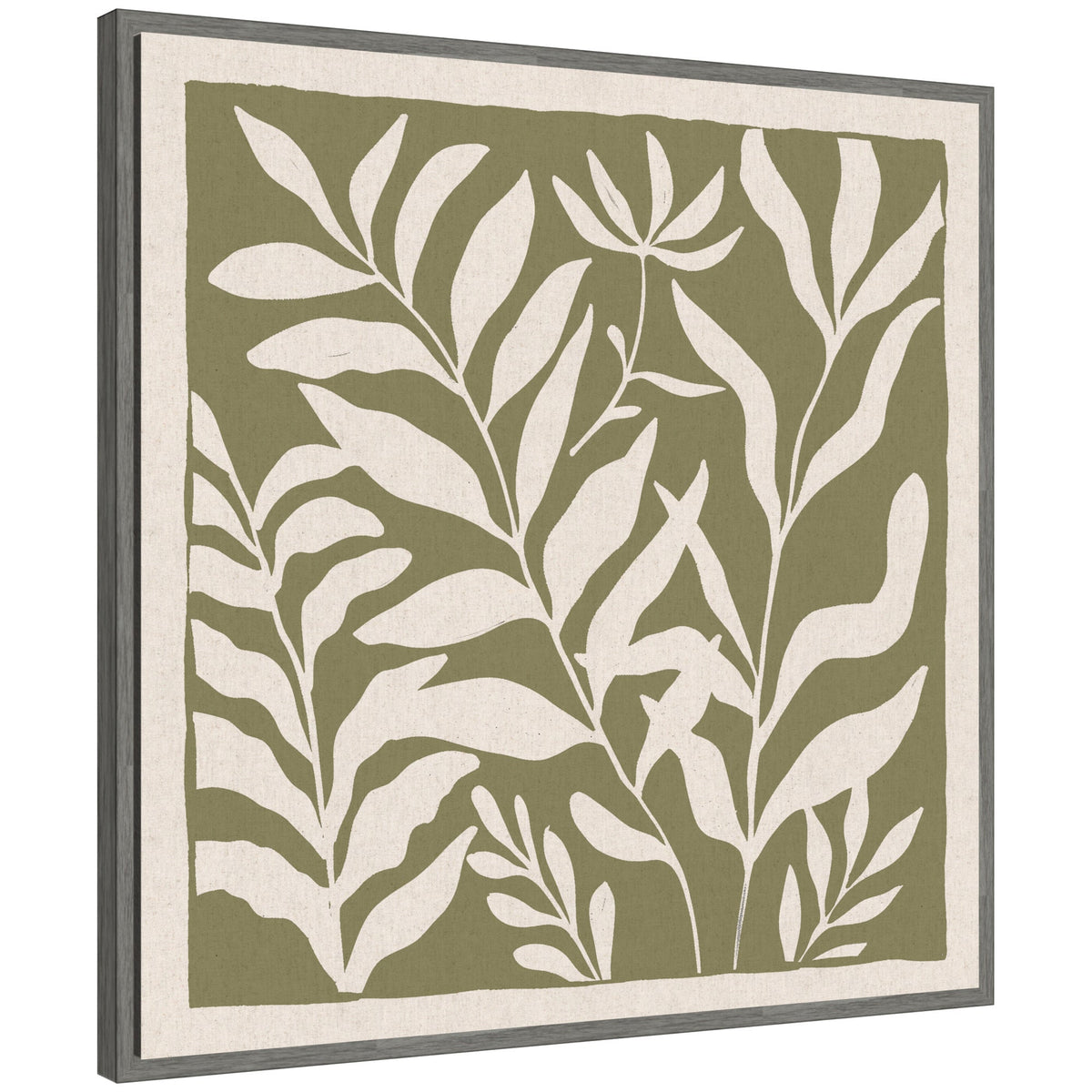 Sylvie Modern Minimalist Botanical Green and Neutral Linen Framed Canvas by The Creative Bunch Studio