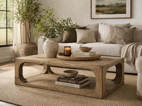 66 Inches Wide Ming Arch Coffee Table Weathered Natural with Distressed Gray image 2