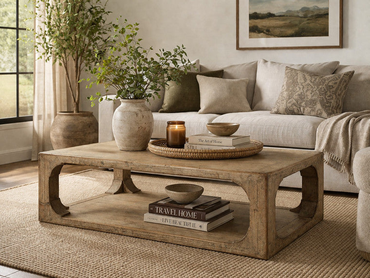 66 Inches Wide Ming Arch Coffee Table Weathered Natural with Distressed Gray image 3