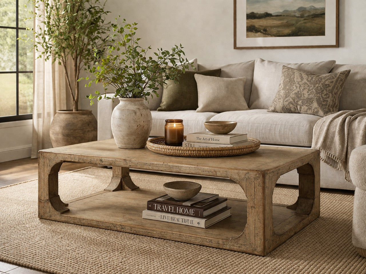 66 Inches Wide Ming Arch Coffee Table Weathered Natural with Distressed Gray