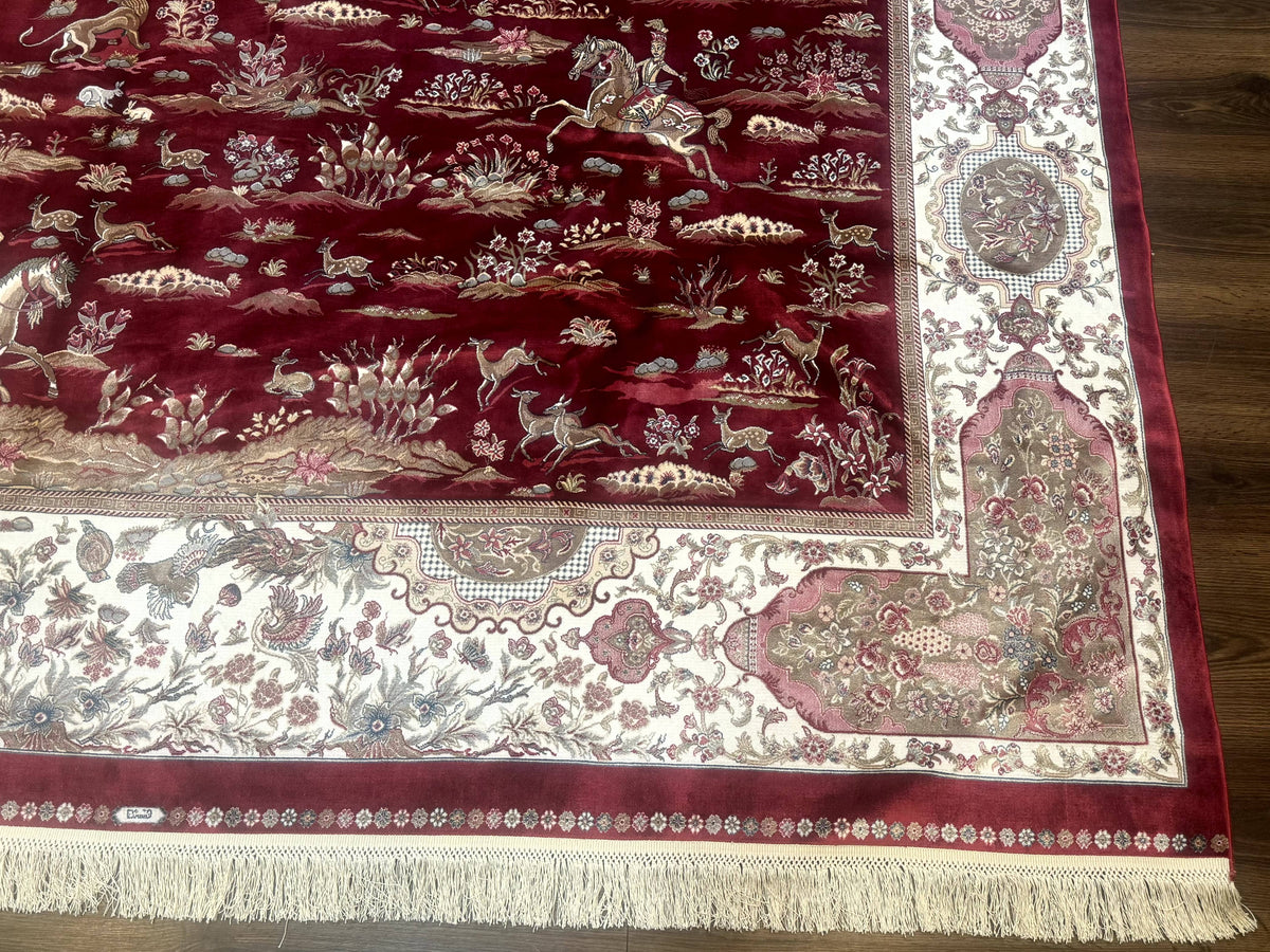 Turkish Silk Rug 8x10, Red & Ivory, Hunting Design, Bamboo Silk, New - Jewel Rugs, view 9