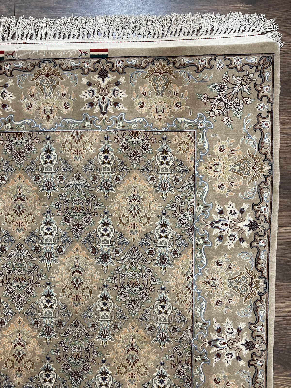 Super Fine Persian Isfahan Rug 3x5 ft, Kork Wool on Silk Foundation, Repeated Floral Motif, Taupe Tan Hand Knotted Oriental Carpet 3 x 5 ft, Signed - Jewel Rugs, view 5