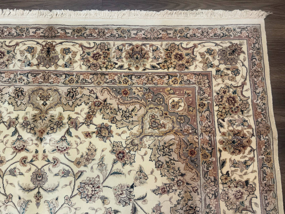 Sino Persian Rug 6x9, Floral Medallion, Ivory & Taupe, Wool with Silk Highlights, Fine 210 KPSI - Jewel Rugs, view 7