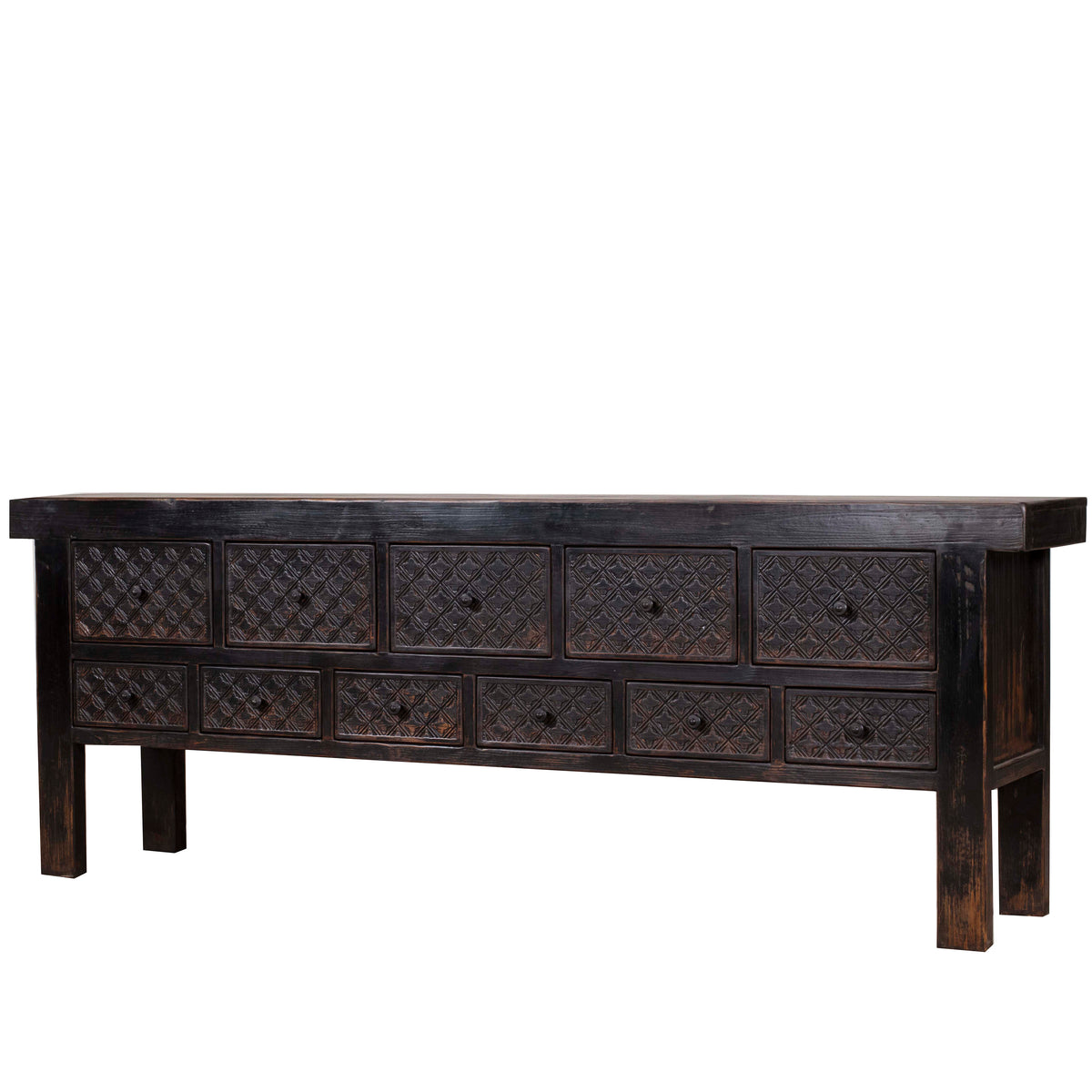 Ravenna Hand-Carved Apothecary Console – 93" Distressed Black
