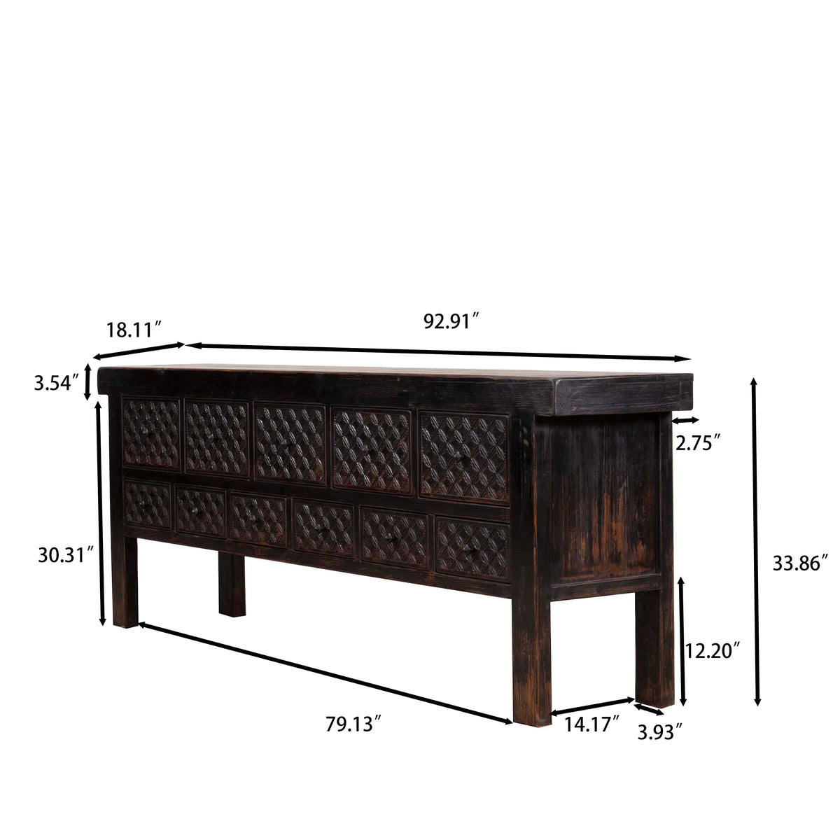 Ravenna Hand-Carved Apothecary Console – 93" Distressed Black