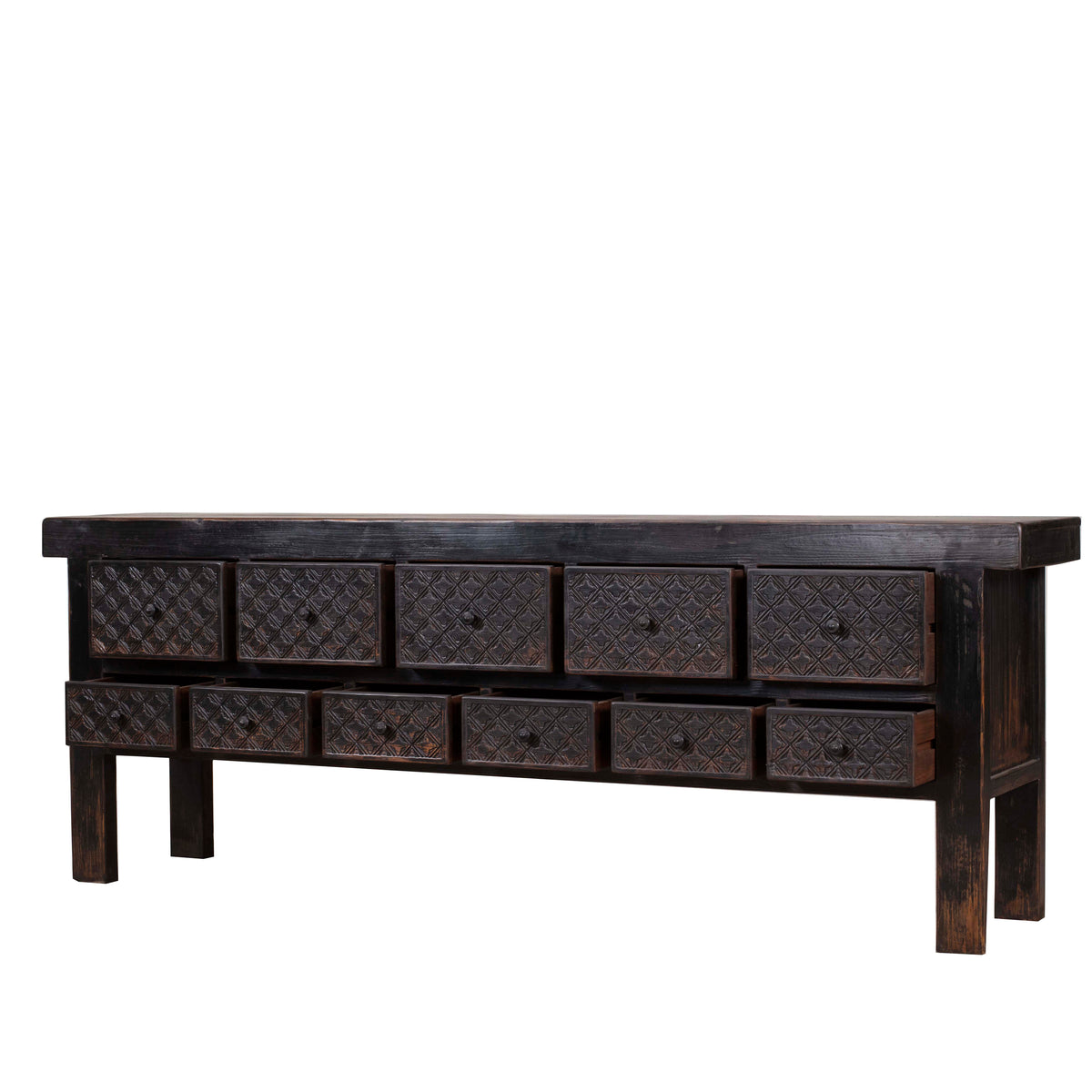 Ravenna Hand-Carved Apothecary Console – 93" Distressed Black