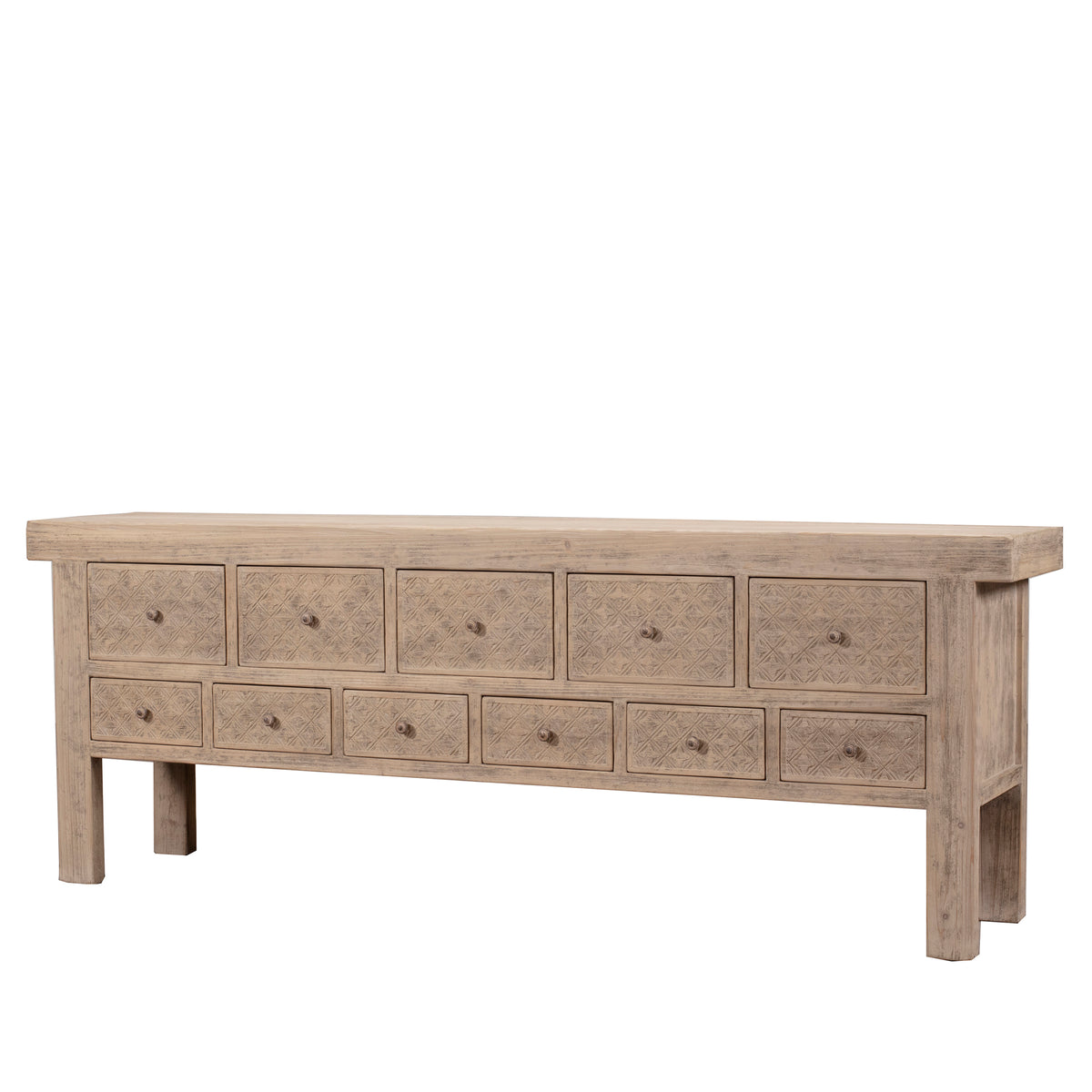 Ravenna Hand-Carved Apothecary Console – 93" Weathered Gray