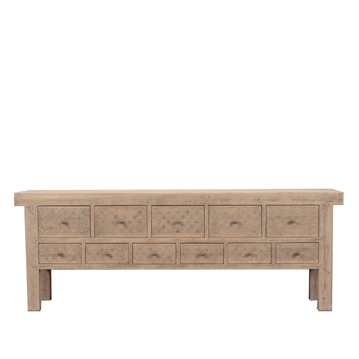 Ravenna Hand-Carved Apothecary Console – 93" Weathered Gray