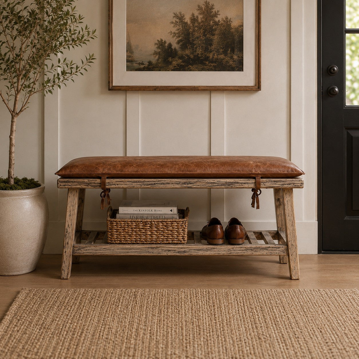 47" Wide Shoe Bench with Leather Cushion