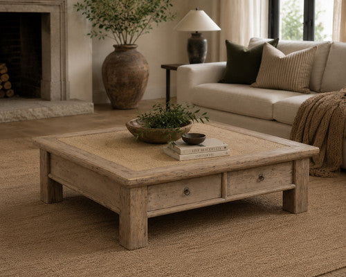Four Drawers Coffee Table with Rattan Top Weathered Gray image 2