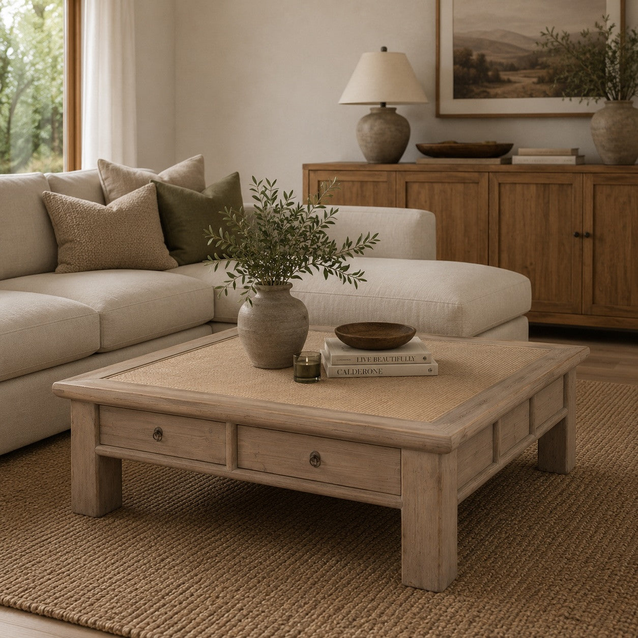 55 Inches Wide Four-Drawer Coffee Table with Rattan Top Weathered Natural