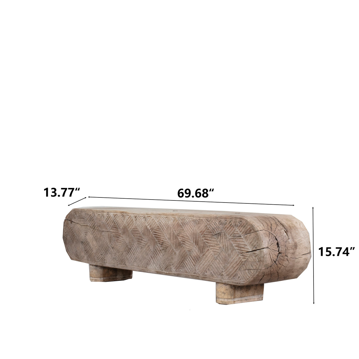 Approx.70" Long 14" Deep Hand-Carved Solid Wood Bench with Geometric Pattern Weathered Natural