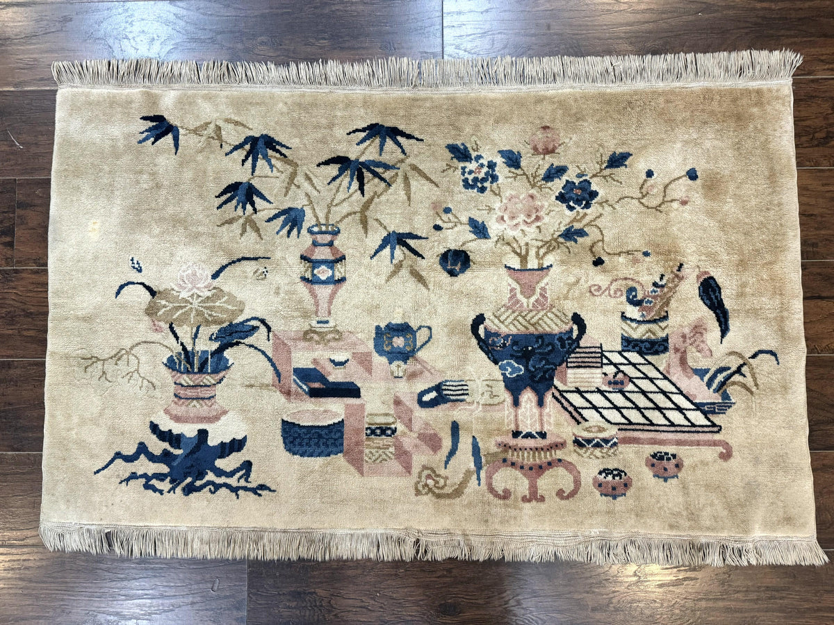 Chinese Rug 5x3, Horizontal Rug, Vases Flowers, Handmade Antique Vintage Carpet, Peking Rug, Chinese Wool Rug - Jewel Rugs, view 2