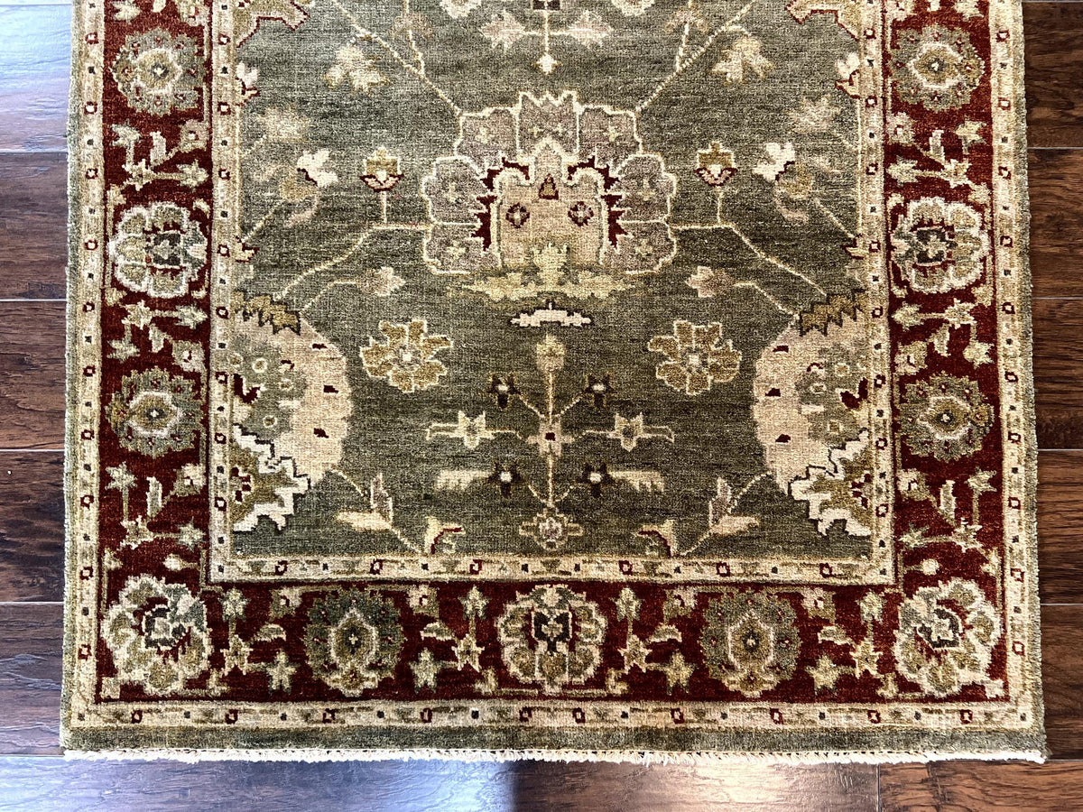 Indo Oushak Rug 4x6, Green and Maroon, Vintage Wool Floral Rug, Indian Agra Rug - Jewel Rugs, view 6