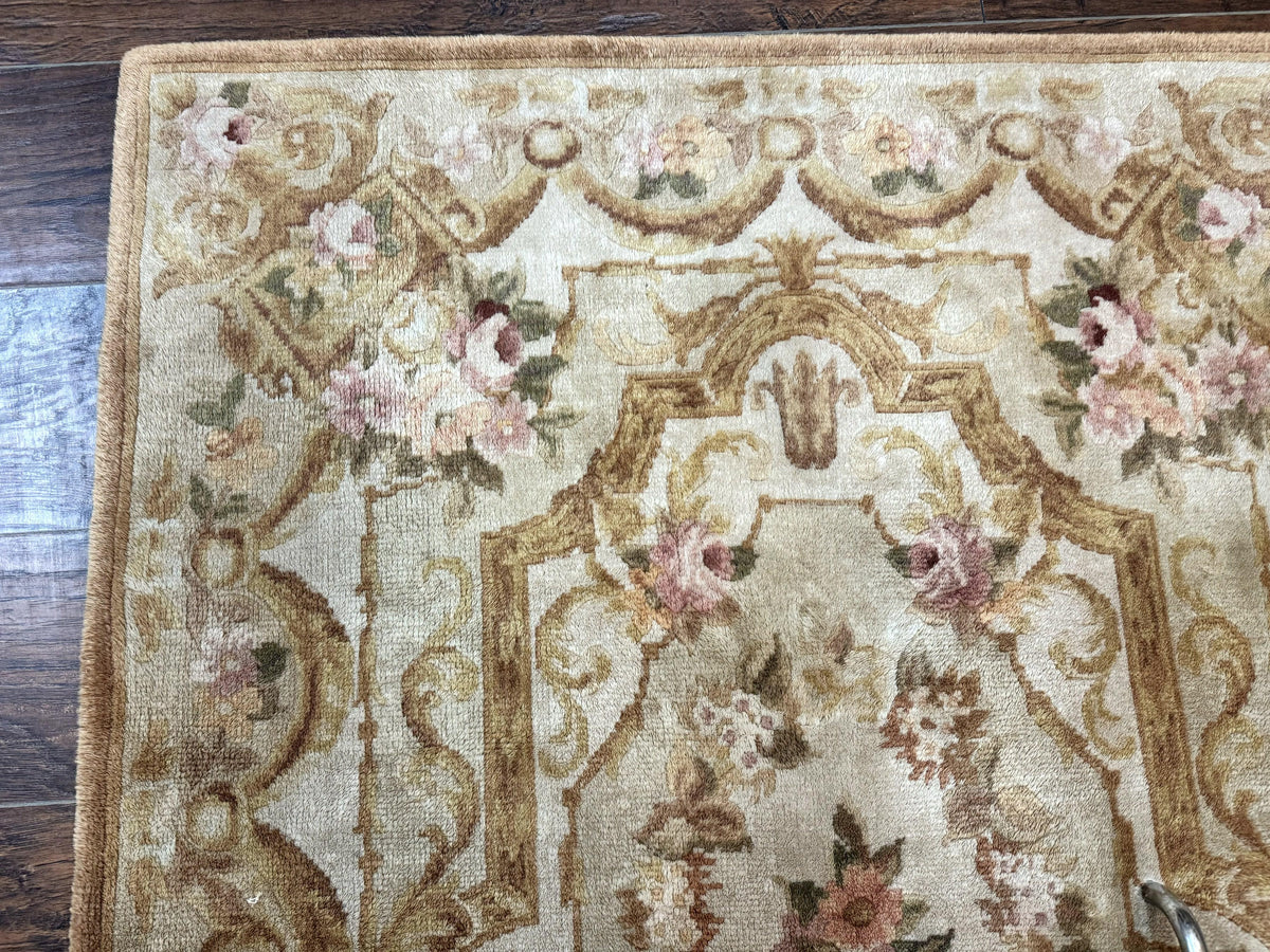 Chinese Aubusson Rug 3.6 x 5, Beige and Gold, Handmade Vintage Elegant European Design Carpet, Plush Wool, Handmade - Jewel Rugs, view 7