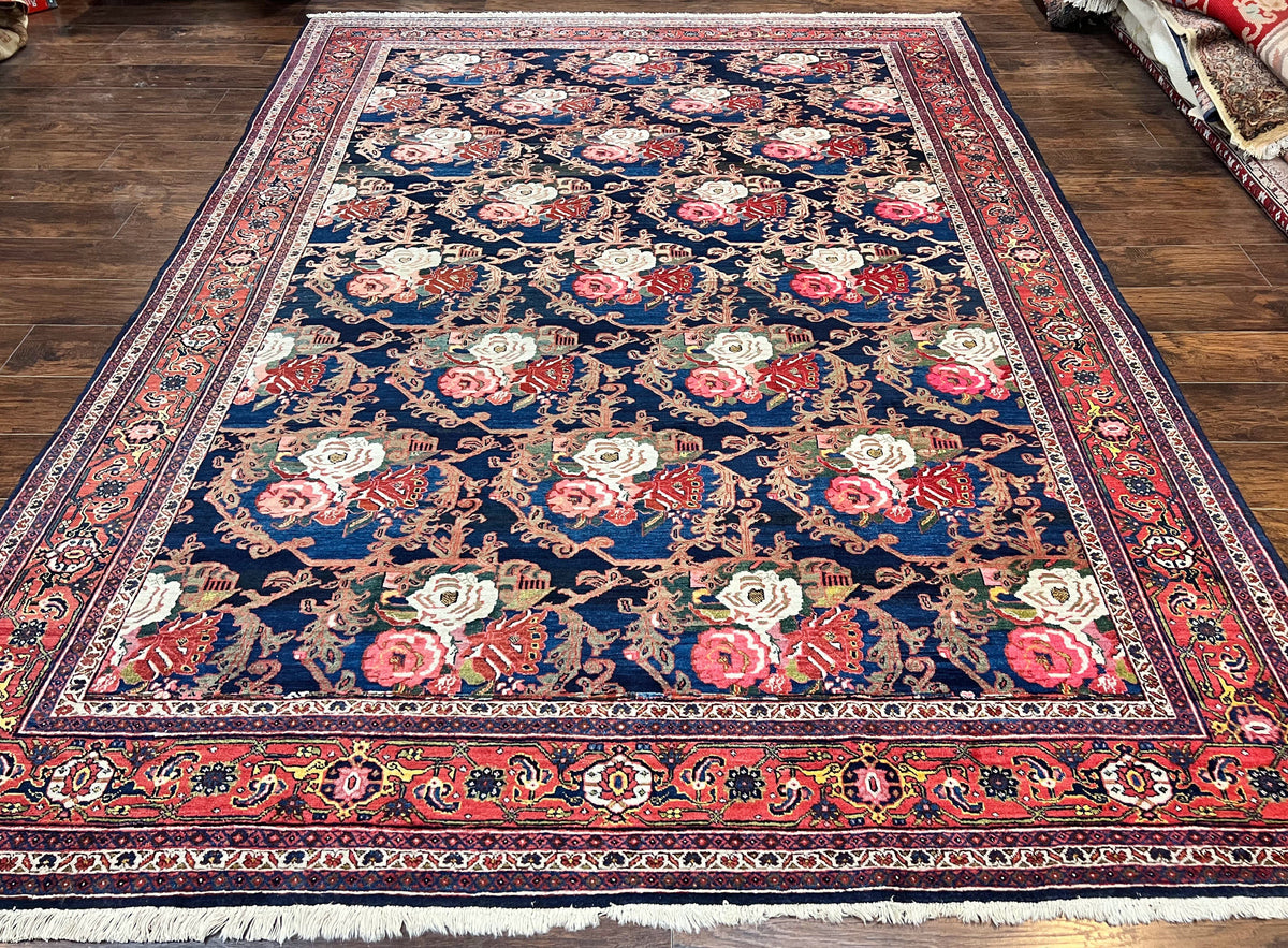 Persian Bidjar Rug 8x11, Floral Bouquets, Blue Black Red Pink, Handmade Hand Knotted Vintage Semi Antique Oriental Carpet - Jewel Rugs, view 2