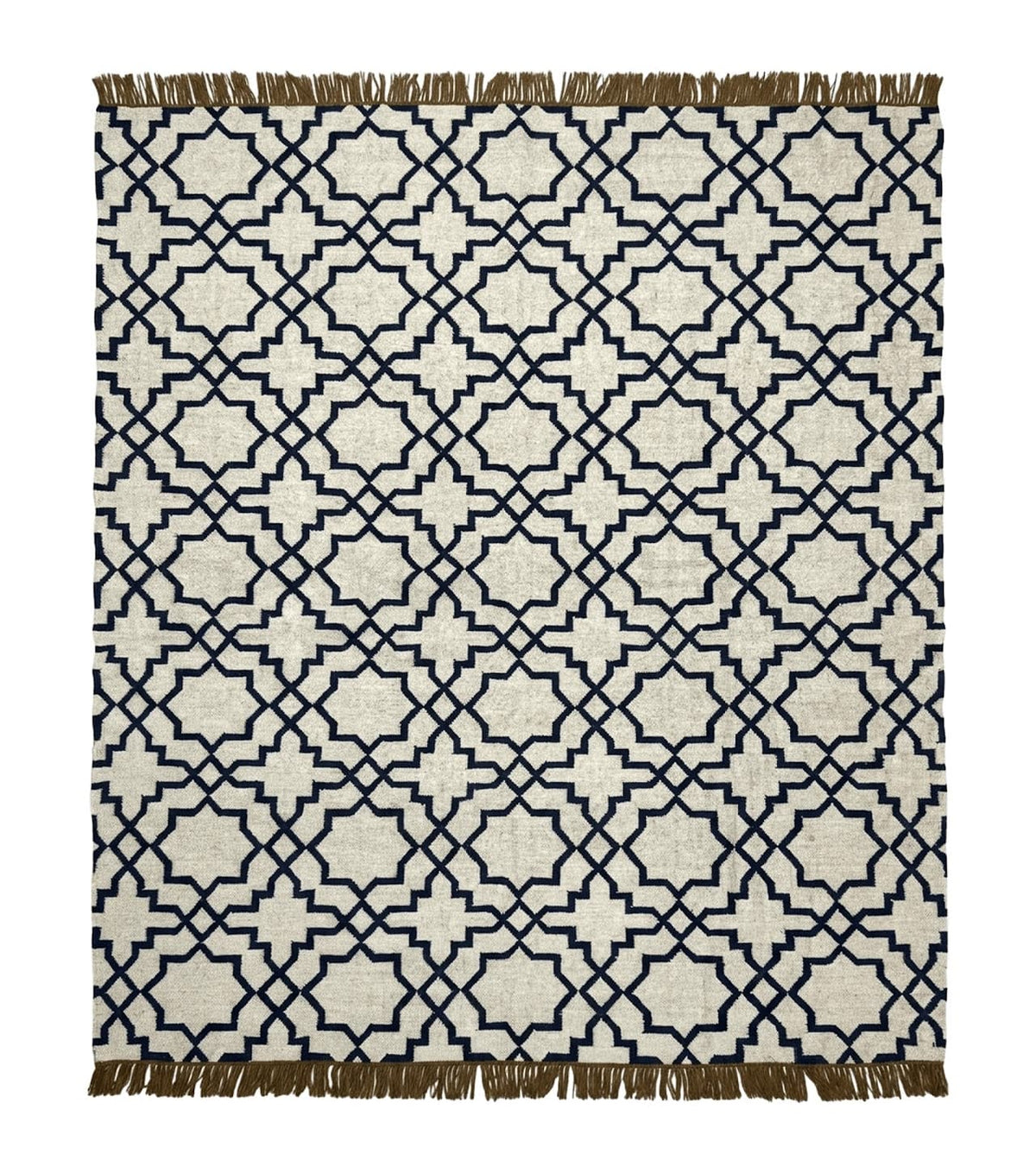 Indian Kilim Rug 8x10, Oat and Navy Blue, Dhurrie Carpet, Handmade, Wool - Jewel Rugs