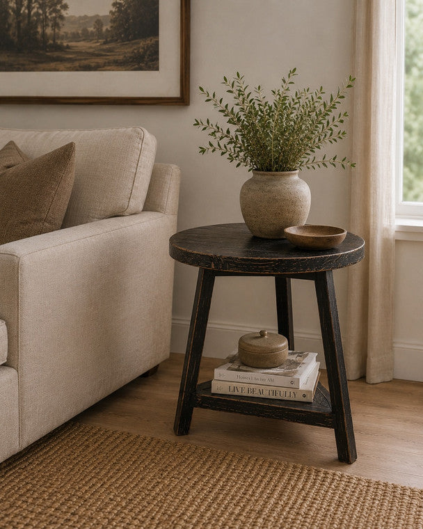25 Inches Round Side Table with Shelf Distressed Black image 3