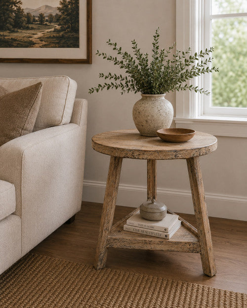 25 Inches Round Side Table with Shelf Weathered Natural with Distressed Gray image 2