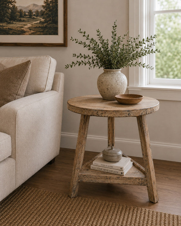 25 Inches Round Side Table with Shelf Weathered Natural with Distressed Gray image 3
