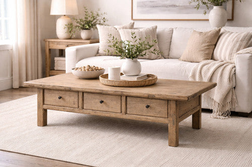 63 Inches Wide Coffee Table with Three Drawers Weathered Natural image 2