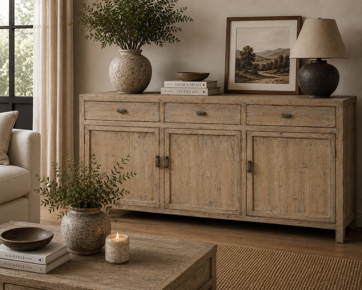 Approx. 79" Rustic Natural Wood Sideboard–3 Drawers & 3 Doors Weathered Natural