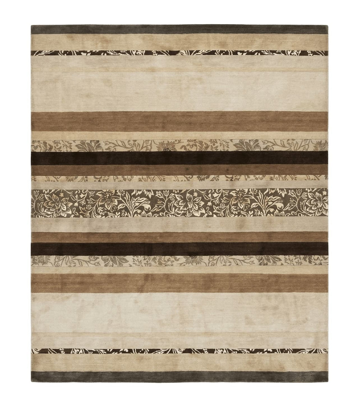 Modern Tibetan Nepali Rug 8x12, Stripe Pattern, Wool with Silk Highlights, Handmade, Beige Tan Brown - Jewel Rugs