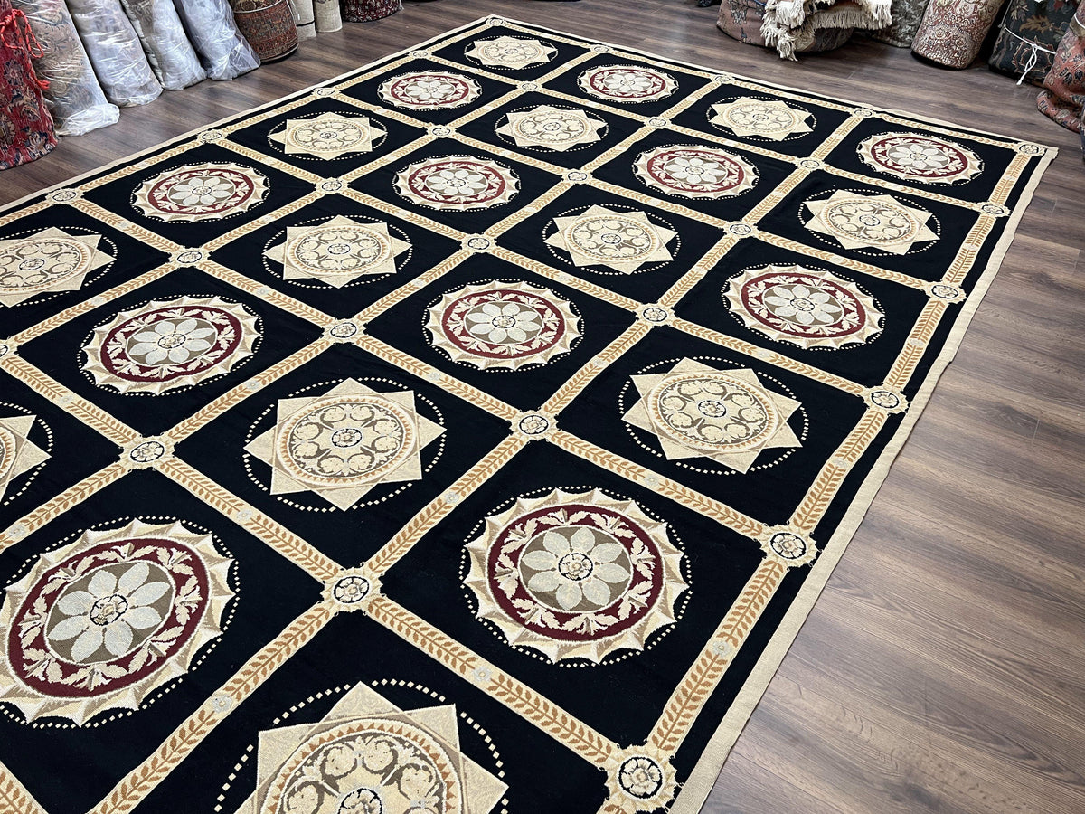 Large Needlepoint Rug 10x13, Panel Design, Black and Beige, Wool Needlepoint Carpet 10 x 13, English Garden, Handwoven Area Rug, Living Room - Jewel Rugs, view 13