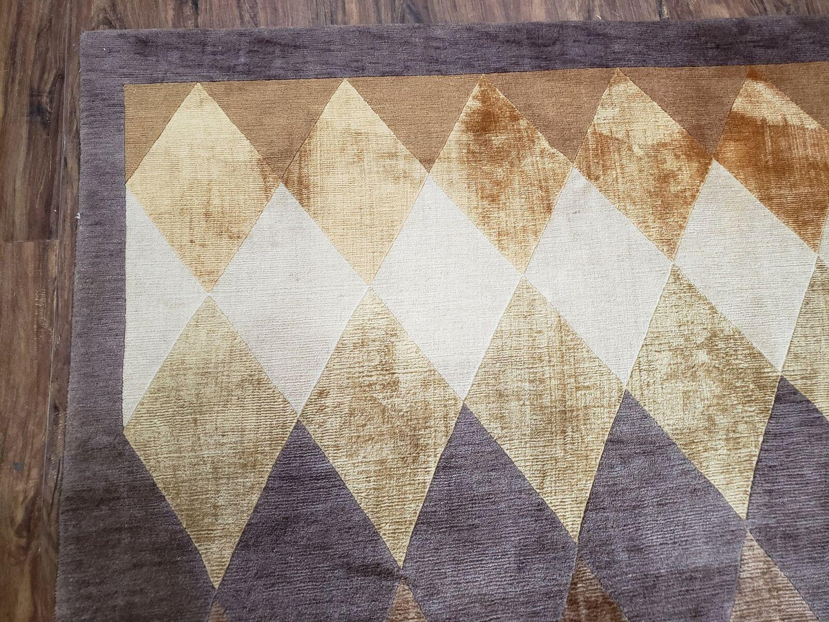 Modern Tibetan Rug 8.6 x 11, Wool and Silk, Multicolor, Diamond Panel Design - Jewel Rugs, view 6