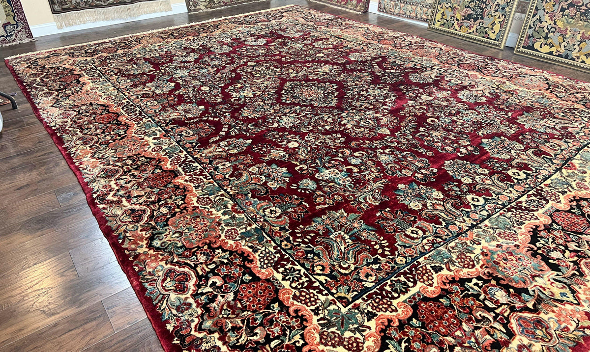 Persian Sarouk Rug 12x17, Wool Hand Knotted Antique Carpet, Dark Red, Traditional Floral Oriental Rug, 12 x 17 Extra Large Handmade Rug - Jewel Rugs, view 12